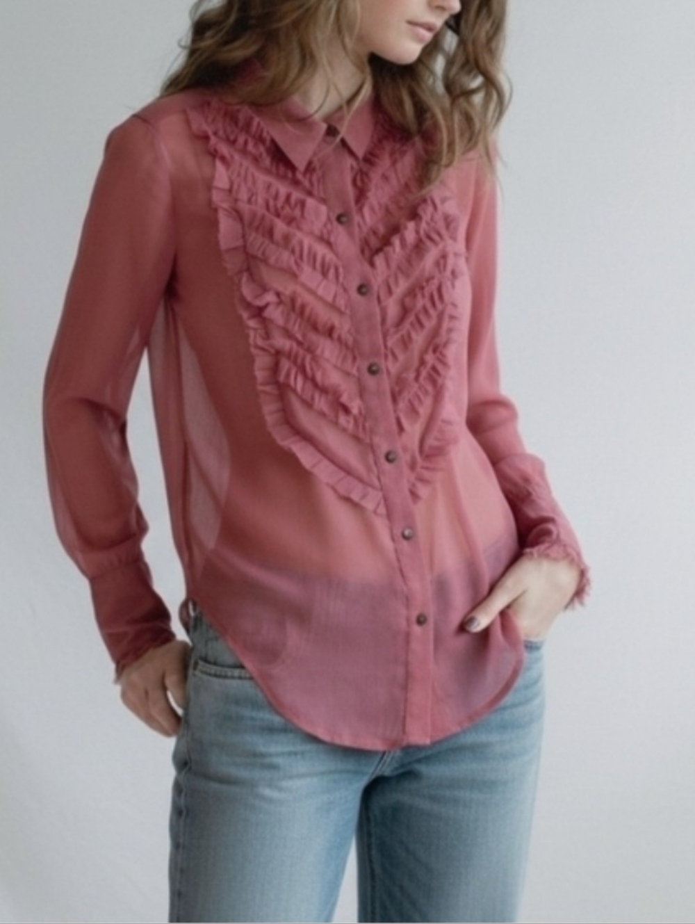 Free People Mauve Sheer Ruffle Button Down Blouse Oversized XS